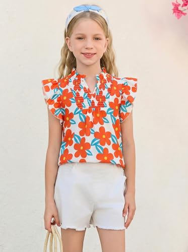Image of Haloumoning Girls Ruffle Short Sleeve Floral Chiffon Blouses Kids Summer Shirts Tops 5-14 Years