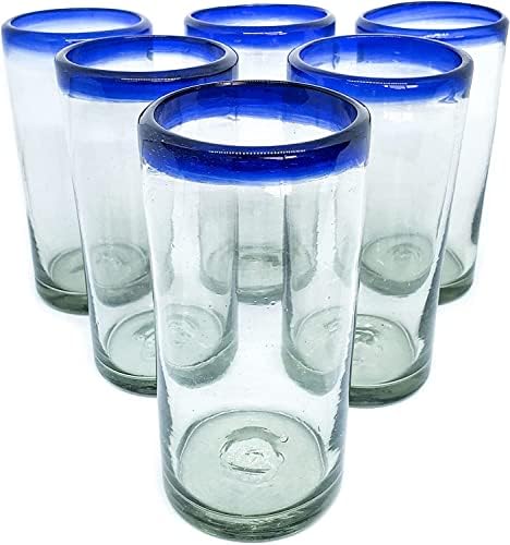 MexHandcraft Cobalt Blue Rim 20 oz Tall Iced Tea Glasses (set of 6), Recycled Glass, Lead-free, Toxin-Free