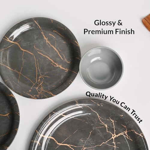 Image of MARKET 99 Heavy-Duty Grey Static Melamine Dinner Set - 12 Pcs | Includes 4 Full Plates, 4 Quarter Plates & 4 Soup Bowls | Durable Dinnerware for Daily Use, Family Meals, Parties & Kitchen Decor