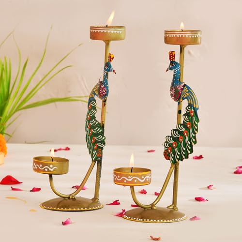 Image of CraftVatika Metal Peacock Candle Holder Set of 2 - Perfect House Decoration Diwali Gifting Items, Handpainted Tealight Candle Holders for Home Christmas Decor (21.5 CM Height)