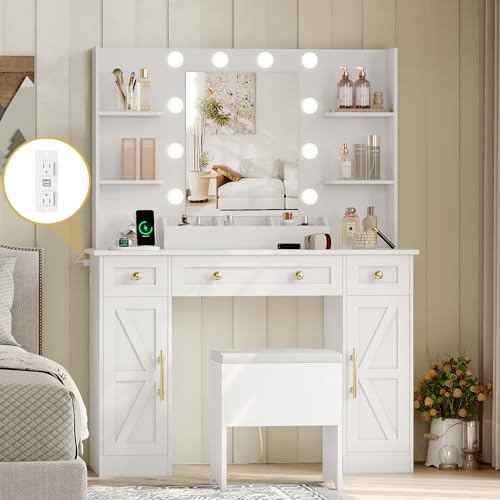 Vanity Makeup Desk with Mirror and Lights, White Farmhouse Vanity Table Set with Storage Drawers, Charging Station & Chair, 43