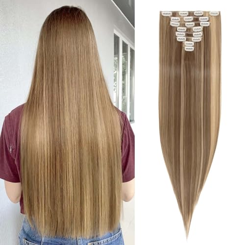 SEGOHAIR Hair Extensions Clip in 8Pcs 18 Clips Synthetic Fiber Seamless Clip in Hair Extensions, 26" Long Straight Clip in Hair Extensions Full Head Golden Brown mix Dark Blonde