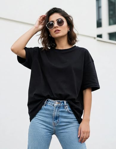 Image of JUNEBERRY Pure Cotton Oversized Baggy Fit Half Sleeve Drop Shoulder Plain Solid Round Neck T-Shirt for Women (Available in Black, White, Lilac, Cork, Maroon, Royal Blue, Swan White, Soap Nut Colors)