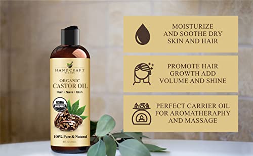 Handcraft Organic Castor Oil For Hair Growth, Eyelashes And Eyebrows - 100% Pure And Natural Carrier Oil, Hair Oil And Body Oil - Moisturizing Massage Oil For Aromatherapy - 8 Fl. Oz #TOP4