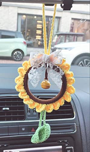 HAOBANGBEIJIA Crochet Sunflower with Small Bell and Leaves, Car Mirror ...