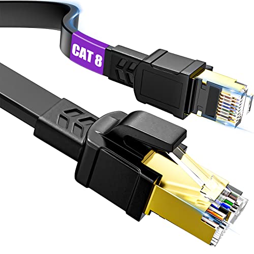 Cable Ethernet 5 Metros Cat 8, 40Gbps 2000MHz Cable de Red 5 Metros Alta Velocidad Cable de LAN Gigabit Cable RJ45 Negro Cable de Internet Plano Cable de Conexión con Cable Clips para Módem, Switch Cover