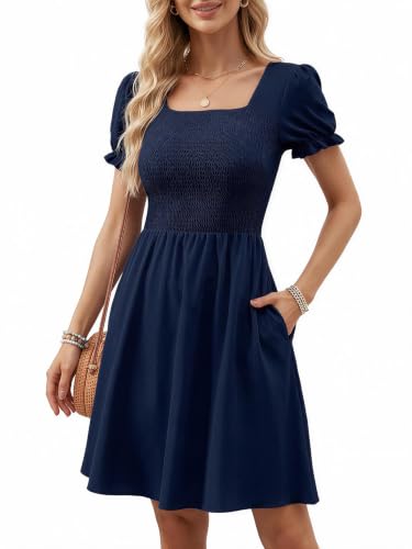 Image of Berydress Women's Summer Dresses 2026 Casual Boho Smocked Mini Sun Dress | Flowy Square Neck Short Sleeve Sundress, Floral A Line Style with Pockets, For Beach Vacation, Wedding Guest, Going Out