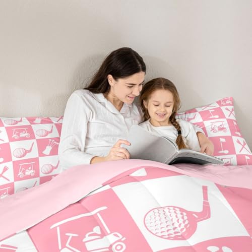 Image of Feelyou Golf Comforter Set Full Size Pink White Plaid Buffalo Check Geometric Bedding Set for Kids Boys Girls Sports Theme Duvet Quilt Bedroom Decor Microfiber 3 Pcs with 2 Pillow Cases