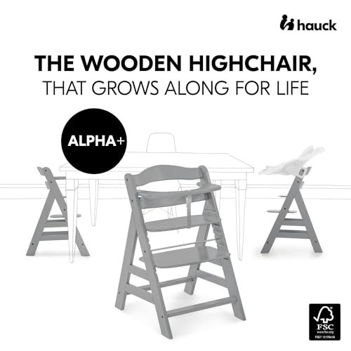 Image of hauck Alpha+ Grow Along Seat Solid Beechwood Booster Chair with Adjustable Seat, 5 Point Safety Harness, & Bumper Bar for Infants & Toddlers, Grey