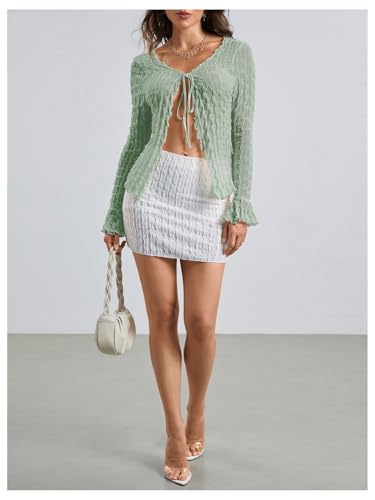 Image of Milumia Women's Y2K Textured Mesh Cardigan Shrug Tie Front Tops | Lettuce Trim , Long Sleeve, Open Front, Sheer, Flared, Club Party, Going Out, Rave, Cover Ups