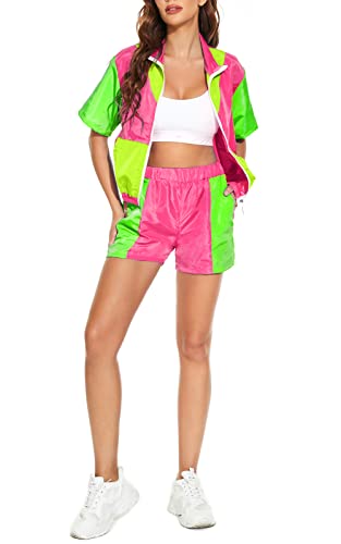 Yisfri Women's Color Block Windbreaker 2 Piece Outfits Short Sleeve Zip Front Elastic Waist Tracksuit Set4