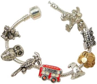 Harry Potter Inspired Charm Bracelet (Size 8.5) - London Bus Charm, Sorting Hat Charm, Phoenix Charm, Owl Charm, Castle Charm, Stacks of Gold Coins Charm, Train Charm & Dragon Charm