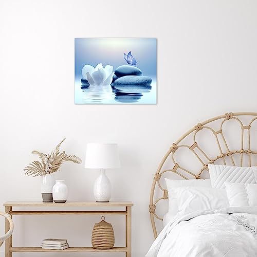 EOBTAIN Zen White Flower Canvas Wall Art Floral and Blue Butterfly on Stone Modern Framed Picture Yoga Spa Spiritual Painting Artwork Print Decor for Bathroom Bedroom Living Room 24x16 Inches by EOBTAIN - Image 2