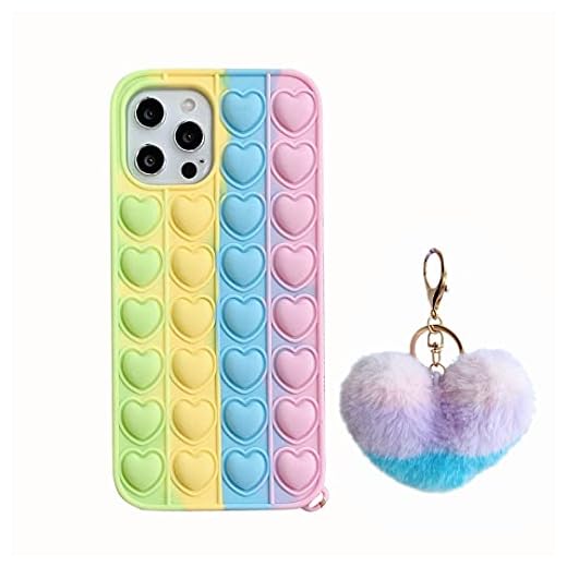 Push Sensory Fidget Case for iPhone 6S Plus 8 Plus 7 Plus 6 Plus, Silicone Bubble Anxiety Stress Reliever Toys with Furry Hairball for Girls Boys Women, Interesting Gifts for All Age - Rainbow Blue