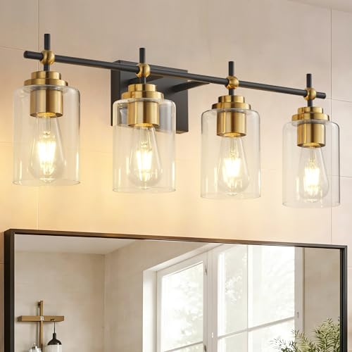Image of SOLFART Bathroom Light Fixtures 4-Lights: Black and Gold Vanity Lights for Bathroom Clear Glass Shades(Bulbs Not Included)