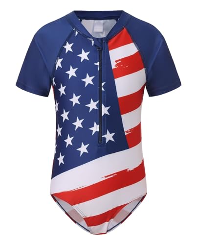 Image of Girls One Piece Swimsuits Short Sleeve Rash Guard for Girl Hawaiian Bathing Suit with Sun Protection Beachwear