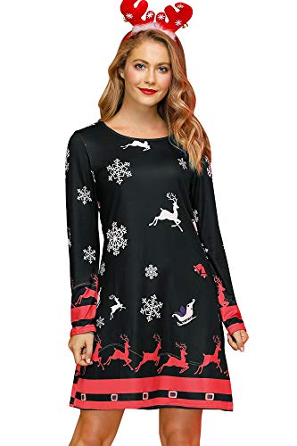 For G and PL - For G and PL Mini robe de Noël à col rond et manches longues pour femme - Imprimé Noël - Costume de fête - Taille S à XXL, Renne, M