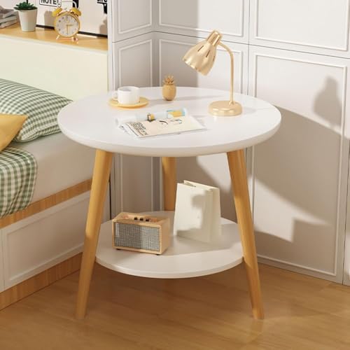 Wooden End Table 2 Tier Round Side Table with Storage Shelf Mid Century Modern Nightstand for Small Spaces Rustic Beside Table