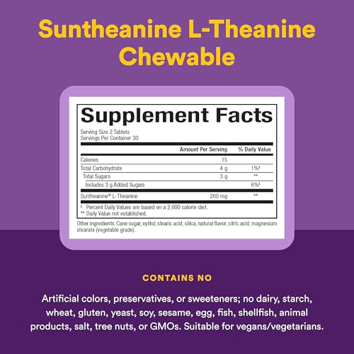 Image of Natural Factors Suntheanine L-Theanine 100 mg - Health Supplement for Calm Outlook - L-Theanine Supplement Supports Relaxing Sleep & Aids Against Drowsiness - 60 Chewable Tablets (30 Servings)