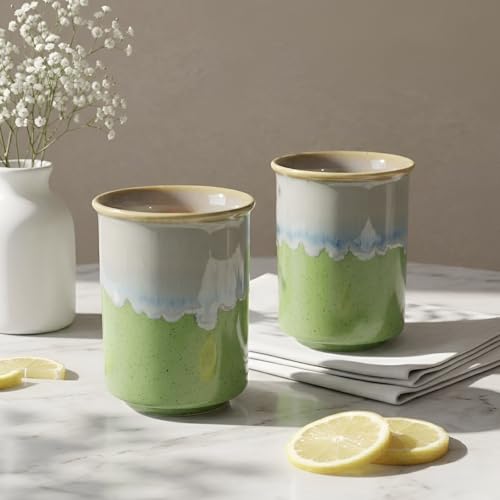 Image of SNS Ceramic Tumbler Set of 2 | Handmade Studio Pottery Drinkware for Water, Juice, Lassi, Cold Coffee & Milk | Premium Hot & Cold Beverage Glass for Home & Gifting (Moss & Mist Tumbler)