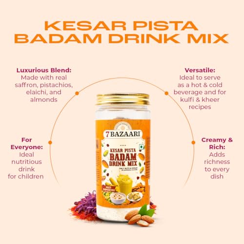 Image of 7 BAZAARI Kesar Pista Badam Milk Mix Powder 225g | Premium Badam Powder with Kesar, Pista & Spices | Ideal for Kids & Adults | No Artificial Flavours (Pack of 5)