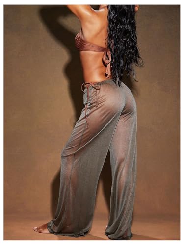 Floerns Women's Elastic Waist Sheer Mesh Shiny Pants Wide Leg Cover Up Vacation Trousers3
