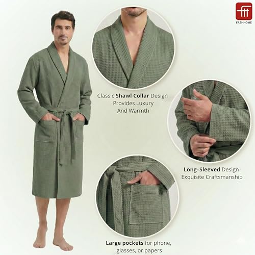 Image of Fash Home-Unisex Bathrobe-Waffle design at Top & Soft TerryTowel inside for quick absorbancy and softness -100% Soft Cotton |Full Size | Perfect for Royal Elite Class Men /Women /Couples (Olive Green)