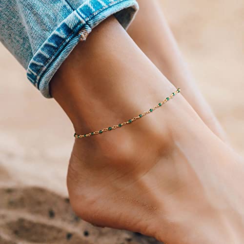 Image of MTMY Gold Anklets for Women 14K Gold Plated Tiny Bead Anklet Colorful Tassel Foot Chain Dainty Adjustable Cute Summer Beach Boho Anklets Jewelry Gift