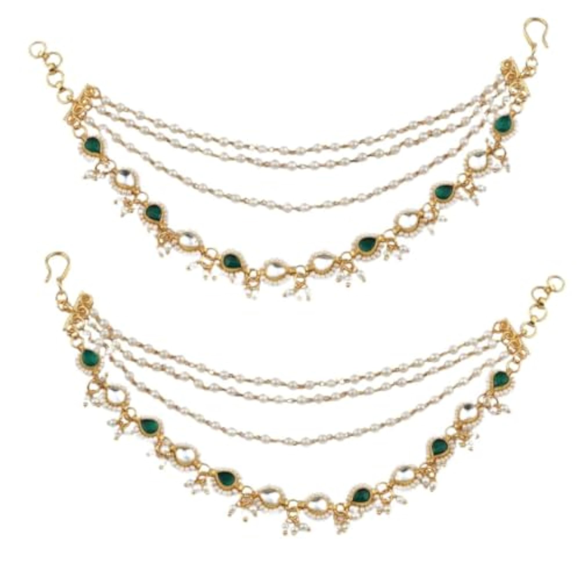 Gold Plated Pearl & Green Stone Kundan Ear Chain, Bridal