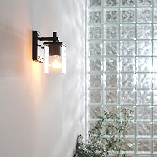Image of Globe Electric 51675 Dakota 1-Light Vanity Light, Matte Black, Dark Faux Wood Accents, Clear Seeded Glass Shade