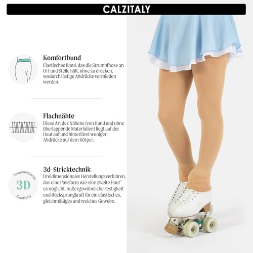 CALZITALY Mädchen-Eiskunstlauf-Strumpfhose, fußlose Strumpfhose, Eislauf-Leggings, blickdichte Leggings, 80 DEN, hergestellt in Italien (Hautfarbe, 8-10 Jahre)
