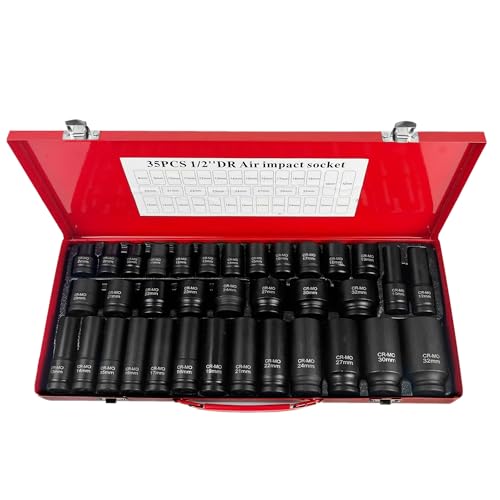 Image of Brave Tools 35-Piece 1/2 Square Drive Deep Impact Socket Set, Chrome Molybdenum Steel, 8-32mm, Corrosion Resistant with Case - Professional Grade for Mechanics