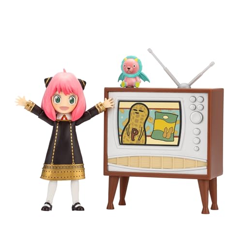 Total Anime Anya Forger - Figura proporcionada de 16,5 cm con caras intercambiables, manos intercambiables, oso de peluche y estación de televisión