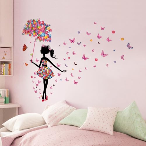 Tanlaby Flower Fairy Wall Stickers, Girl with Umbrella Colorful Butterfly Floral Wall Decals - Image 4