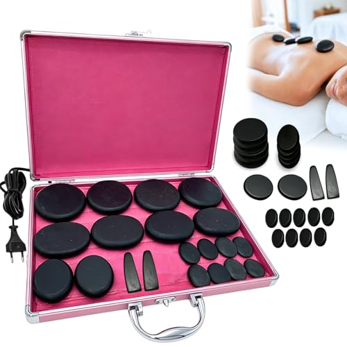 Hot Stone Lot de 21 pierres de massage en basalte dans un coffret chauffant portable - Pierres de massage chaudes en basalte - Pour massage, relaxation et...
