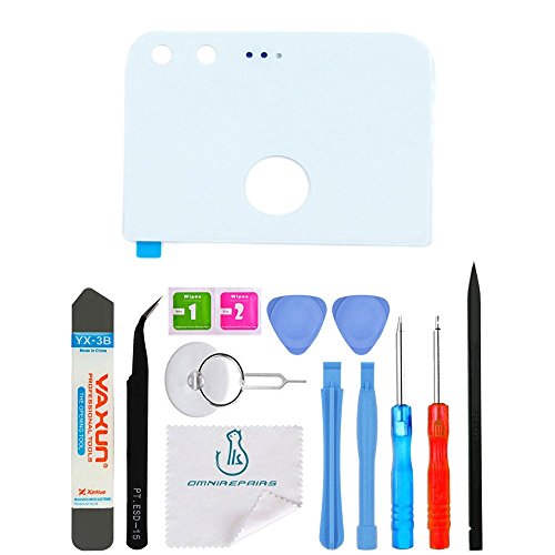 OmniRepairs Rear Facing Glass Camera Lens Frame Cover Replacement Compatible for Google Pixel XL 5.5 with Pre-installed Adhesive and Repair Toolkit (White)