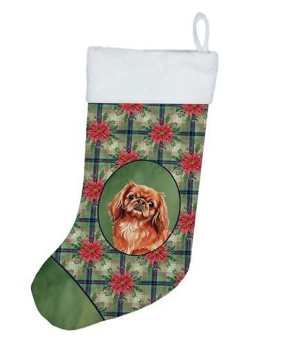 Caroline's Treasures Red Pekingese Christmas Poinsettas Holiday Stocking Double-Sided Print, Polyester Suede,11x18, Made in USA