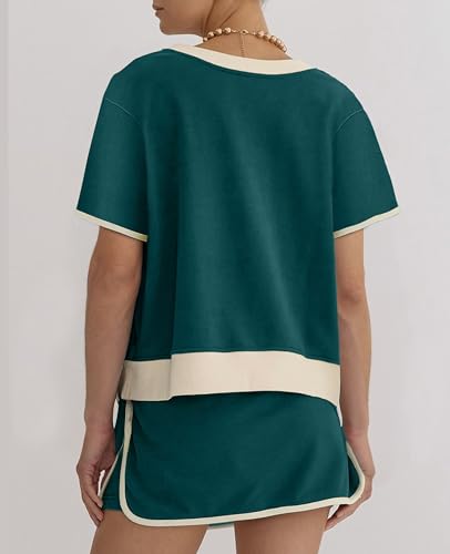 SELINK Lounge Sets for Women 2 Piece Skirt Colorblock Drop Shoulder T Shirt and Skort Set Summer Tracksuits2