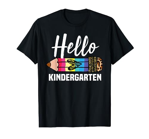 Hello Kindergarten Colorful Leopard Pencil Back To School T-Shirt