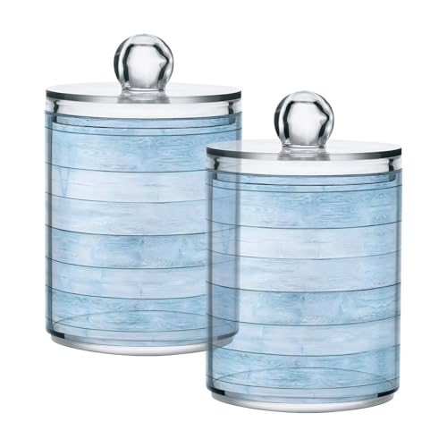 SDMKA 2 Pack Apothecary Jars Bathroom Mint Colored Wood Texture Qtip Holder Dispenser Clear Plastic Storage Canister Jar with Lid for Cotton Ball, Cotton Swab