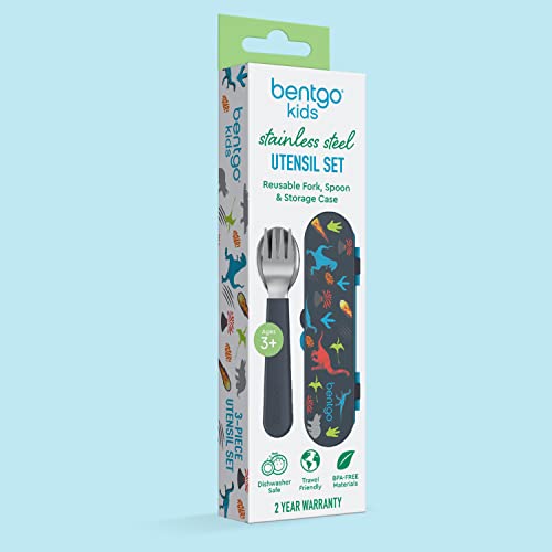 Bentgo Kids Stainless Steel Utensil Set - Reusable Fork, Spoon & Storage Case - High-Grade BPA-Free Stainless Steel, Easy-Grip Handles, Dishwasher Safe for School Lunch, Travel & Outdoors (Dinosaur)