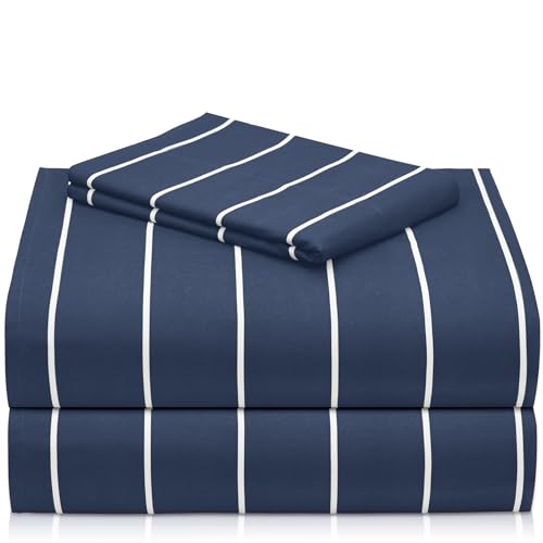 Image of LuxClub Striped Sheets, 3 PC Striped Bed Sheets Twin Size, Deep Pockets 18 inch Eco Friendly Wrinkle Free-Kids-Fitted Sheets Machine Washable Hotel Bedding (Twin, Navy)