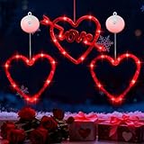 Artmag 3 Pcs Valentines Day Window Lights Decorations with Timer, Heart Love Shaped Silhouette Battery Powered Hanging Led Lamp for Valentine's Day Lover Home Decor Red