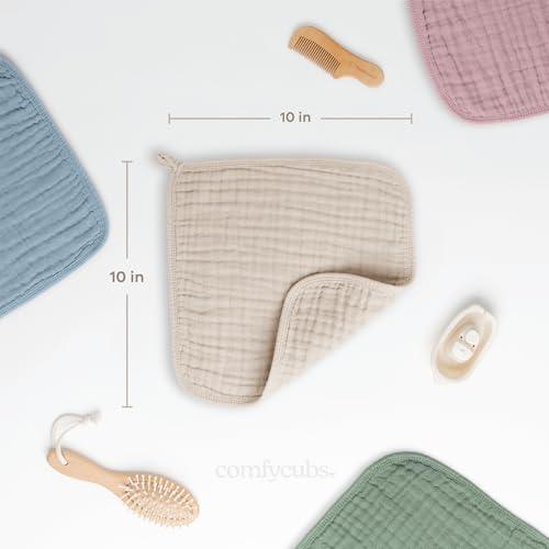 Image of Comfy Cubs Muslin Baby Washcloths 6 Pack - Soft 6-Layer Cotton Wash Cloths for Sensitive Skin - 10 inchx10 inch Large, Gentle, Absorbent Infant Essentials for Newborn and Toddlers - Sand