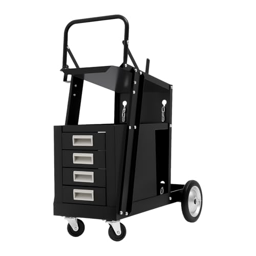 Schweißwagen mit 4 Schubladen | Rollwagen für Schweißgerät und Gasflaschen | Werkstattwagen aus Stahl bis 80 kg belastbar | Mobiler Arbeitswagen mit Haken und Sicherungsketten | Schwarz