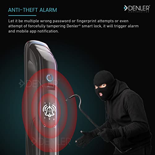 Image of Denler DL01 6-in-1 Smart Door Lock | Inbuilt Wi-Fi | Anroid & iPhone app Support | Fingerprint | RFID Card | PIN | Key | Rechargeable Battery | 3 Years Warranty for 35 to 100mm Doors