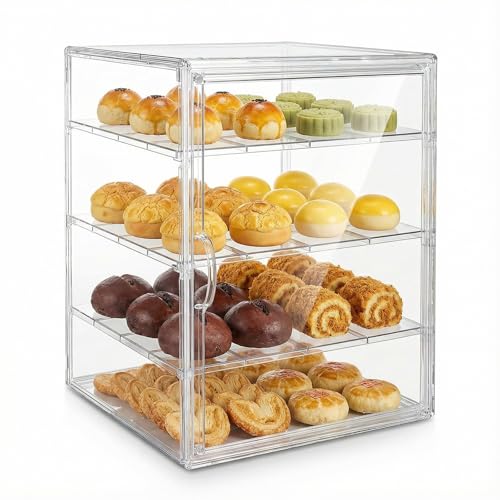 4-Tier Acrylic Pastry Display Case (40x30x25 cm) - Adjustable Clear Bread Box with Magnetic Door, Large Capacity Bakery Storage for Kitchen Counter, Holds Breads, Donuts, Muffins, Cookies