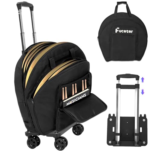 Cymbal Bag With Wheel, Rolling Cymbal Case Double Layer 22\"-24\" with 6mm Padded Dividers, Pull Handle and Backpack Straps for Drum Cymbals and Accessories, Suitable for Gig, Training & Teaching