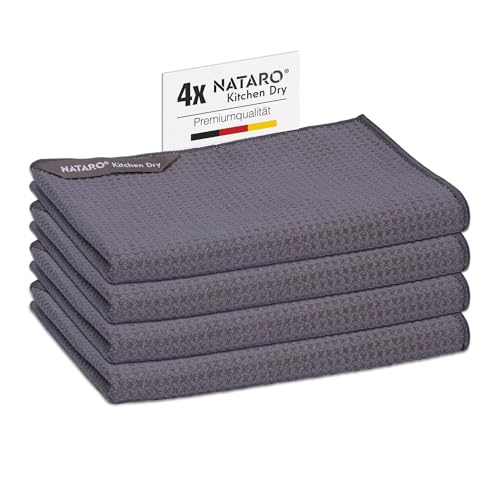 NATARO® Kitchen Dry Lot de 4 torchons de vaisselle en microfibre de qualité supérieure, chiffons gaufrés sans traces et non pelucheux pour votre cuisine,...