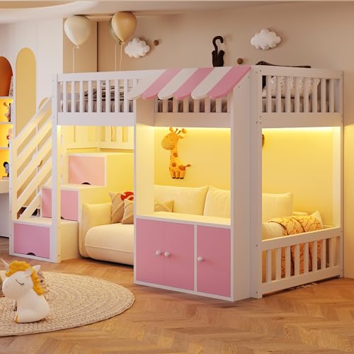 Merax Lit mezzanine en bois 90 x 200 cm, avec armoire de rangement, escalier avec compartiments de rangement, bas ouvert, barre lumineuse LED multicolore, sommier à...